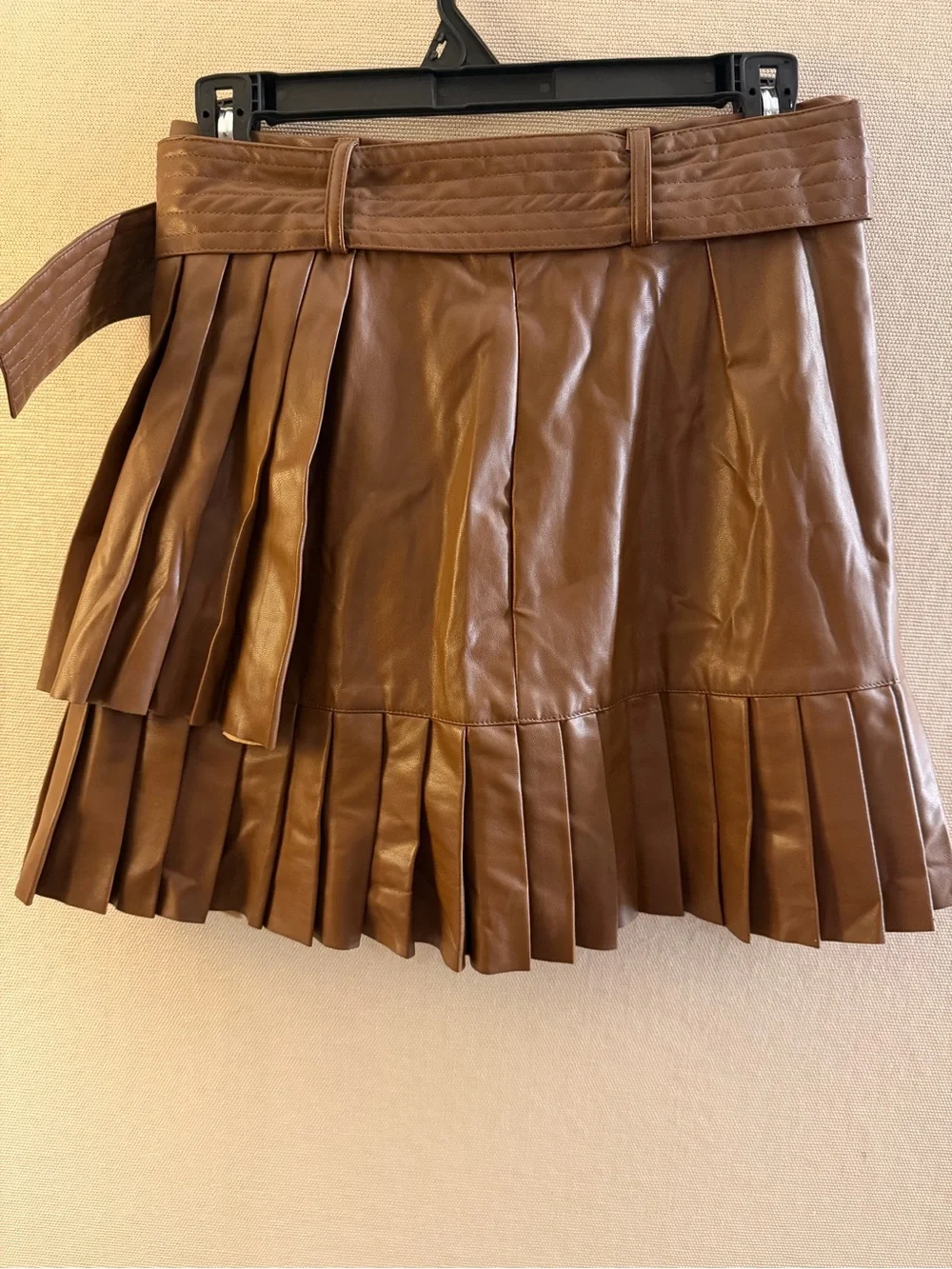 Women’s Brown Pleated Faux Leather Mini Skirt with Belt